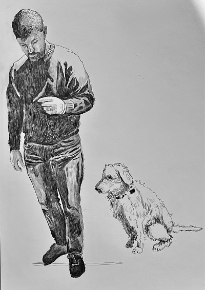 Mann And his dog penciled drawing
